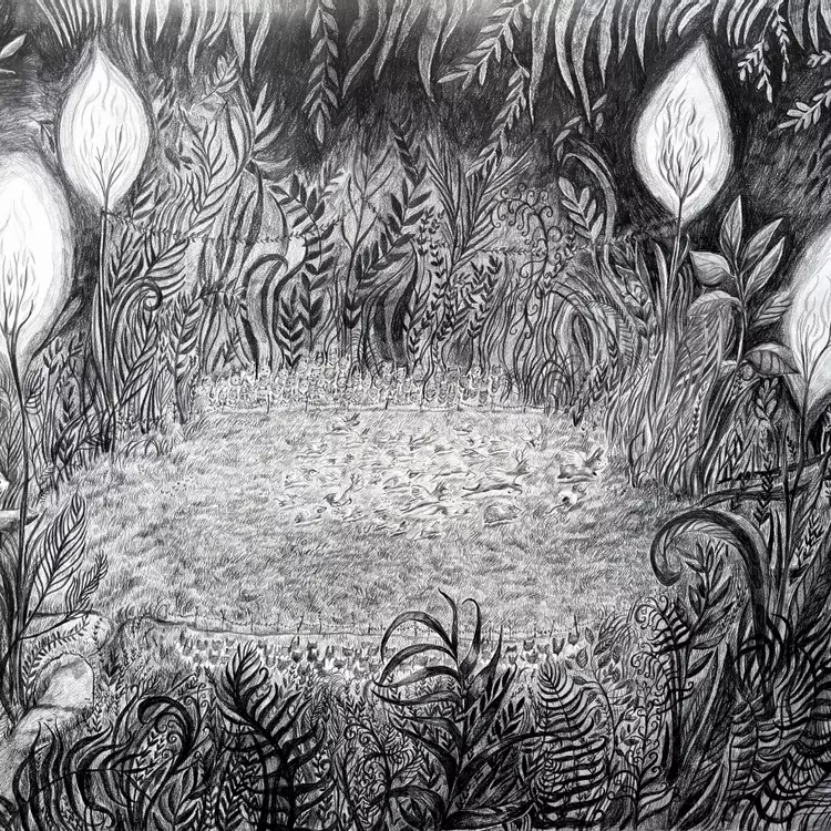 a pencil illustration of a forest. There are lots of tiny animal fairies flying in the forest arena 